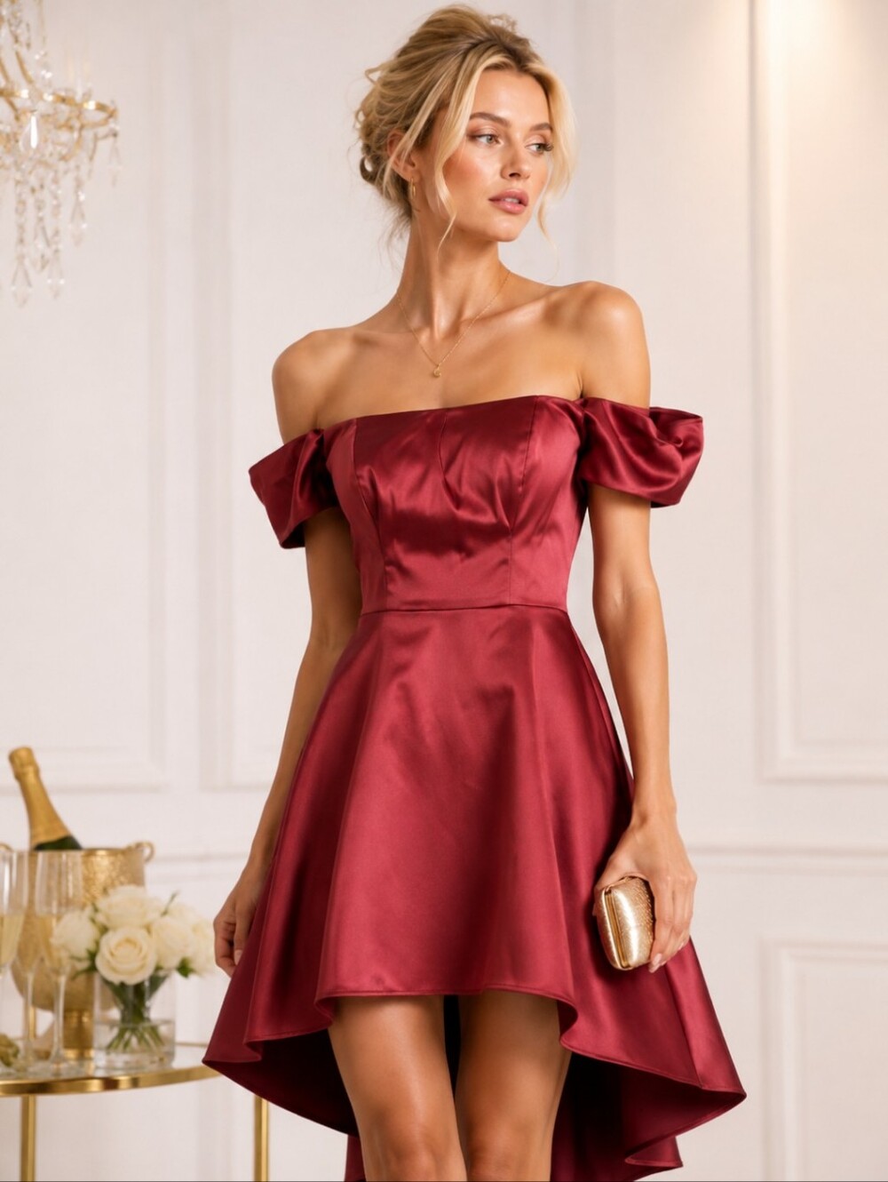 Red Satin Off the Shoulder High Low Formal Prom Party Bridesmaid Dress XS